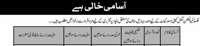 Pak Army Vacancies Lahore