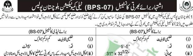 Latest Police Jobs 2025 Balochistan