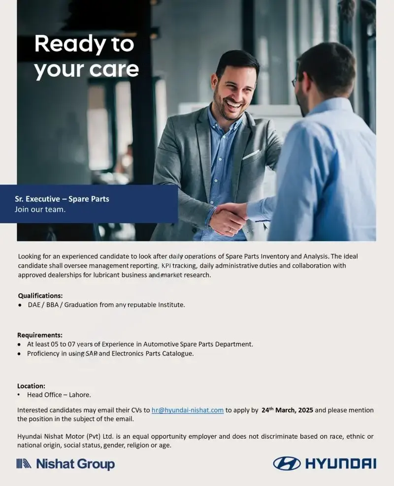 Hyundai Nishat Motor Pvt Ltd Jobs 2025