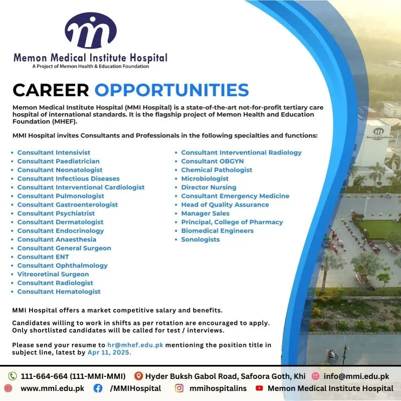 Memon Medical Institute Hospital Jobs 2025