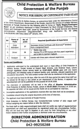 Child Welfare Bureau Jobs 2025 Punjab