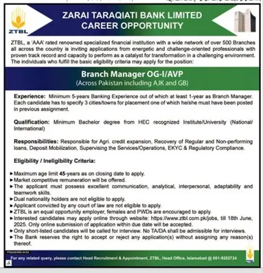 ZTBL Jobs 2025 Online for Apply Zarai Taraqiati Bank Limited